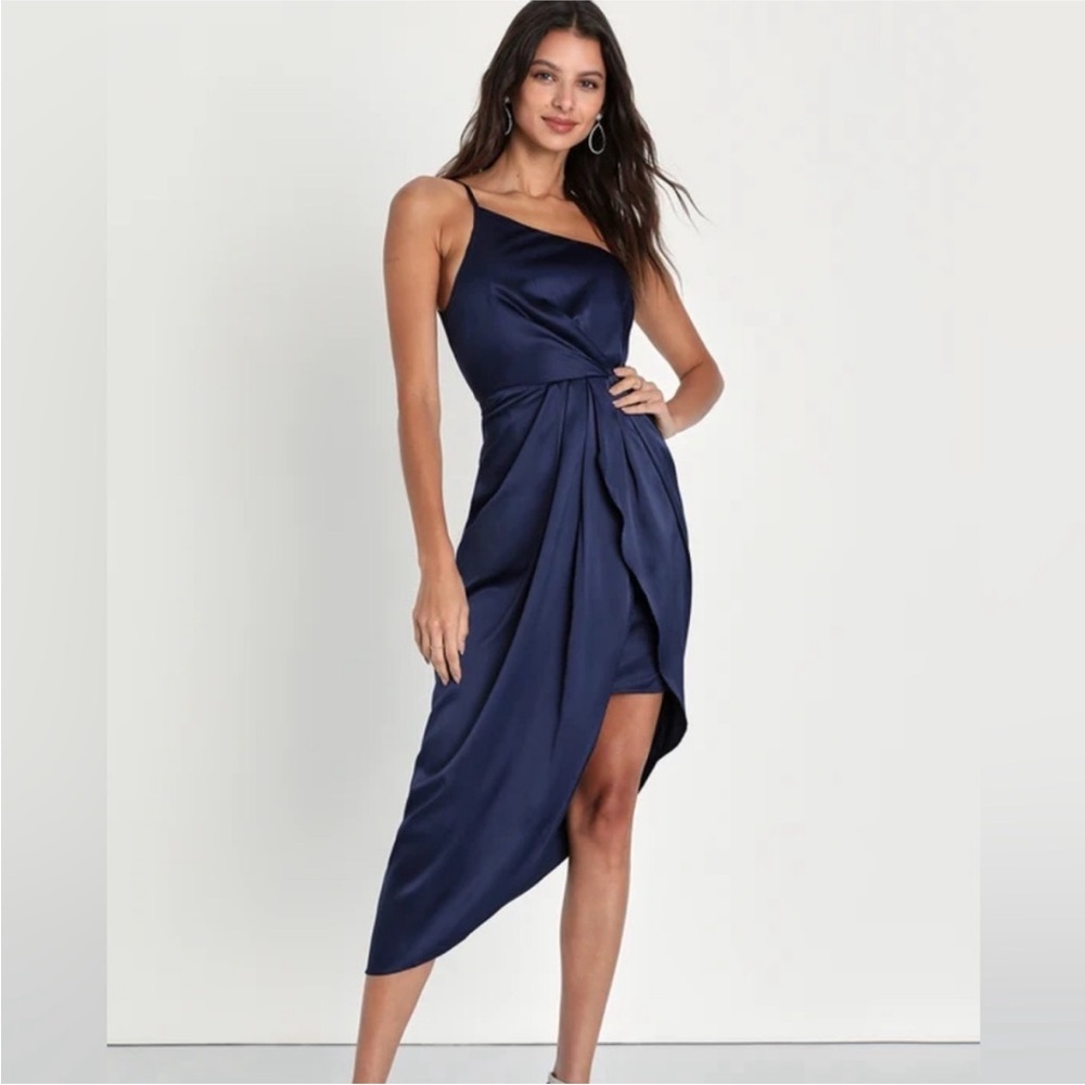 Law of Attraction Navy Blue One-Shoulder Asymmetrical Midi Dress